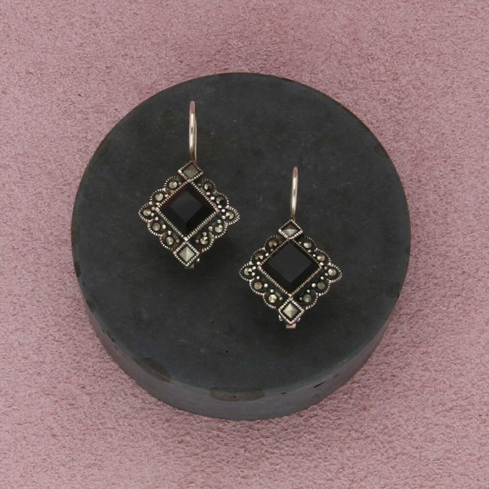 sterling silver vintage marcasite & onyx leverback earrings